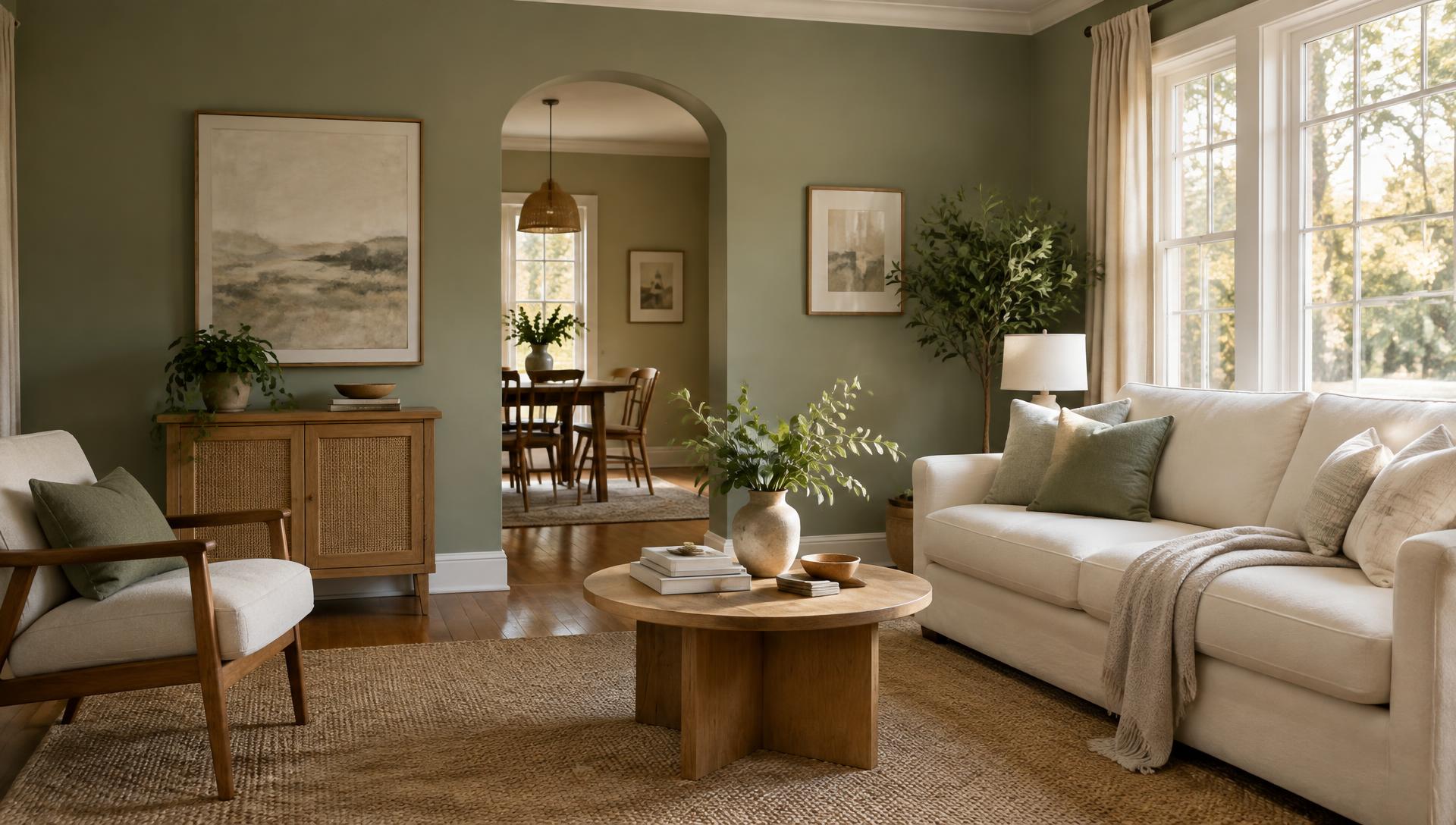 A welcoming living space with a soft sofa, sage walls, and natural light